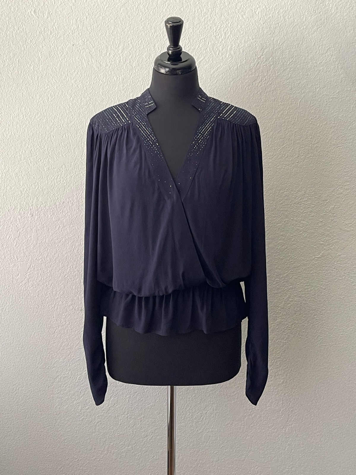 Zadig & Voltaire Tori Strass Blouse L Navy Rhinestone Faux Wrap Viscose Top