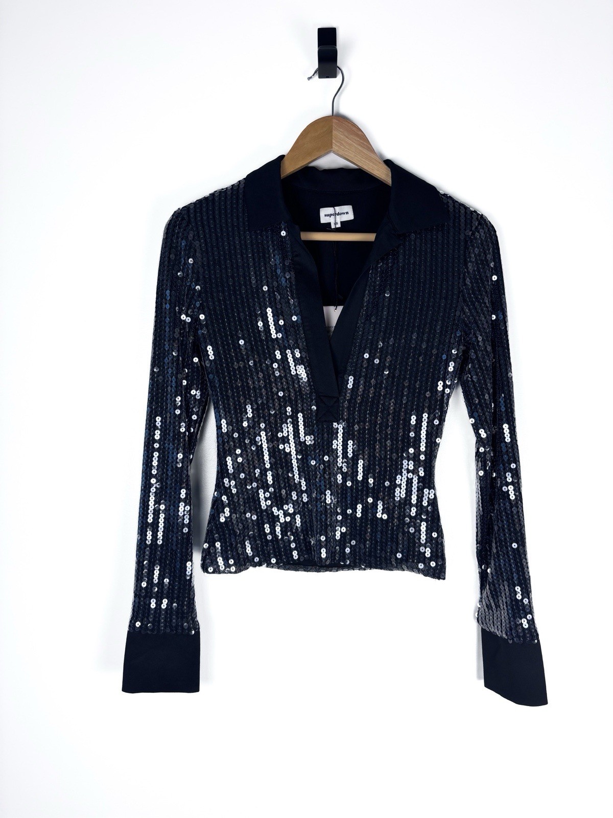 Superdown Revolve Geraldine Black Sequined Long Sleeve Collar V-Neck Top XS NWT