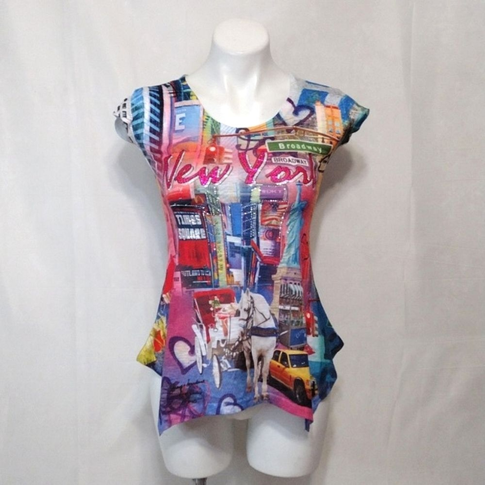 Festive Times Square New York Rhinestone Peplum T-Shirt Top Small Sparkly Party