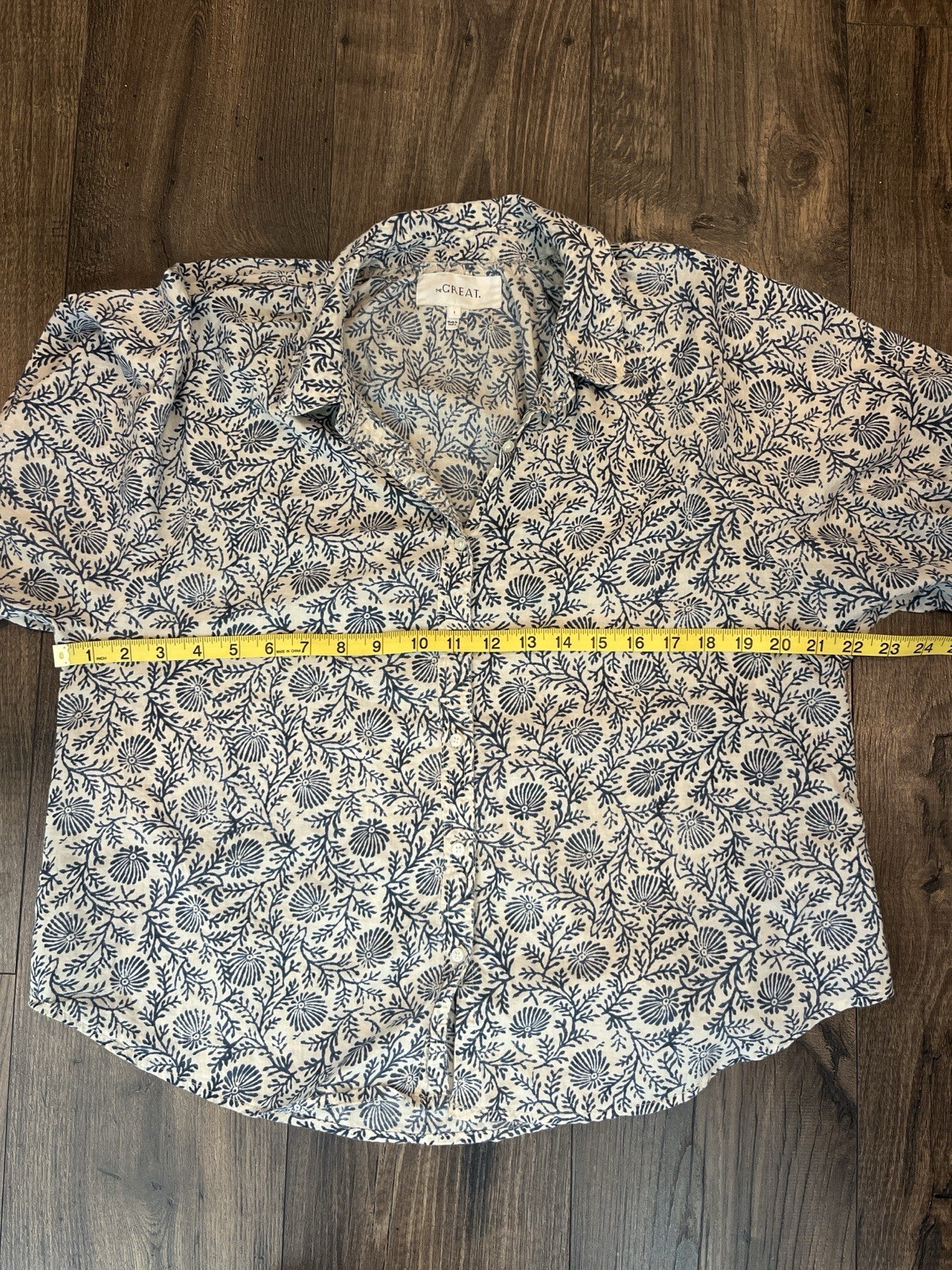 The Great. The Estate Button Up in Feather Grass Block Print Blue Sz 1 (S)