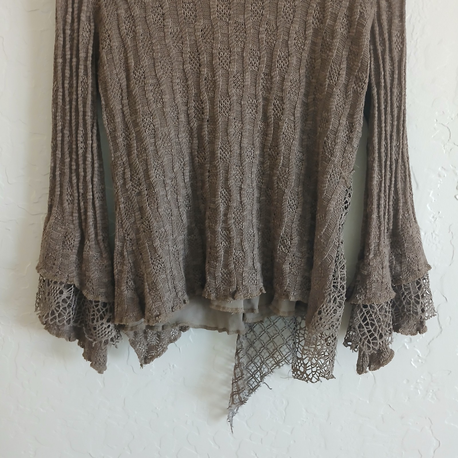 PRETTY ANGEL Mixed Media Goblincore Bell Sleeve Top Women’s L Brown Crochet