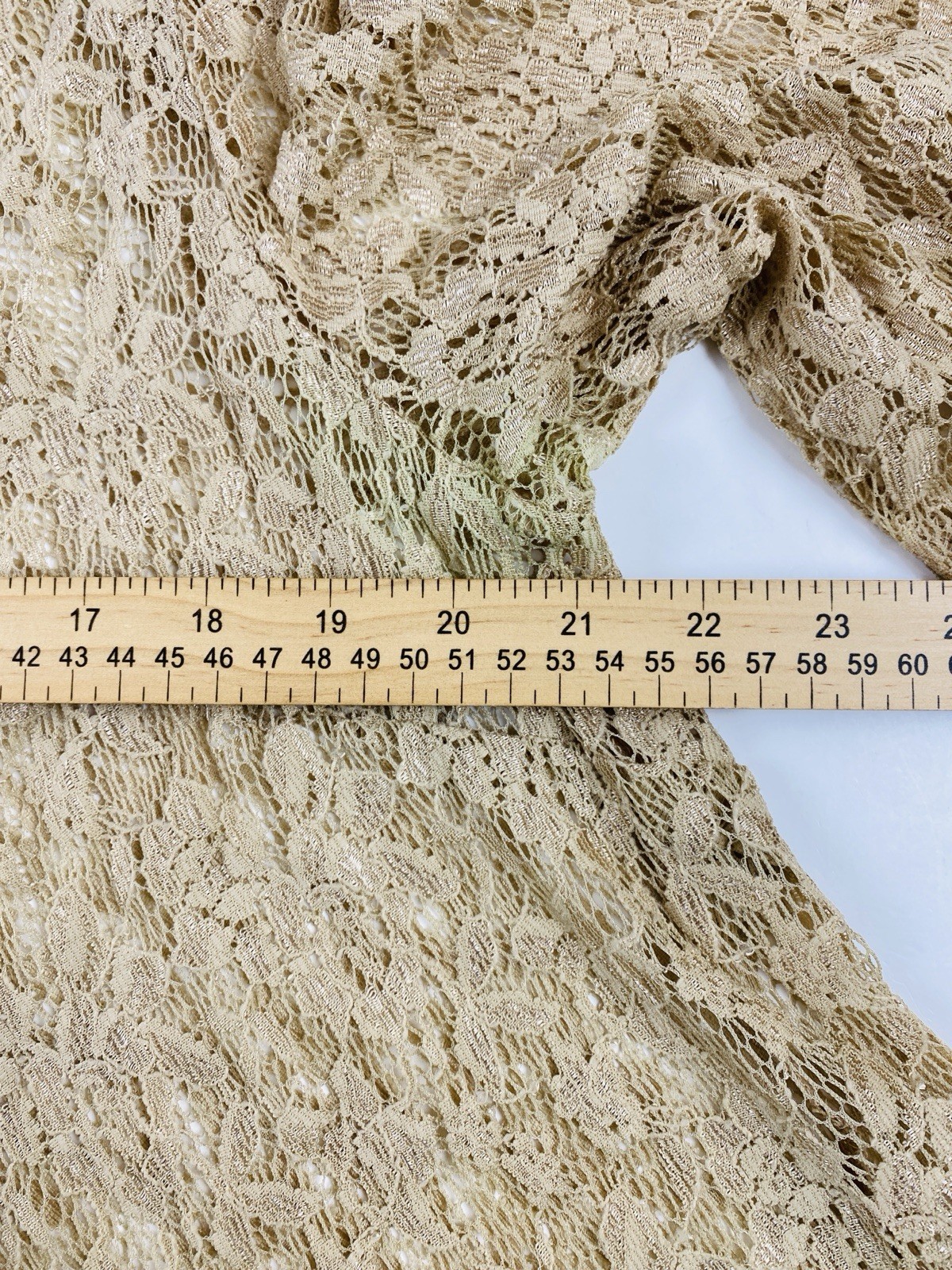Boho Gold Floral Lace Cardigan Hi/Lo Bell Sleeve Heavy Scalloped Trim Festival L