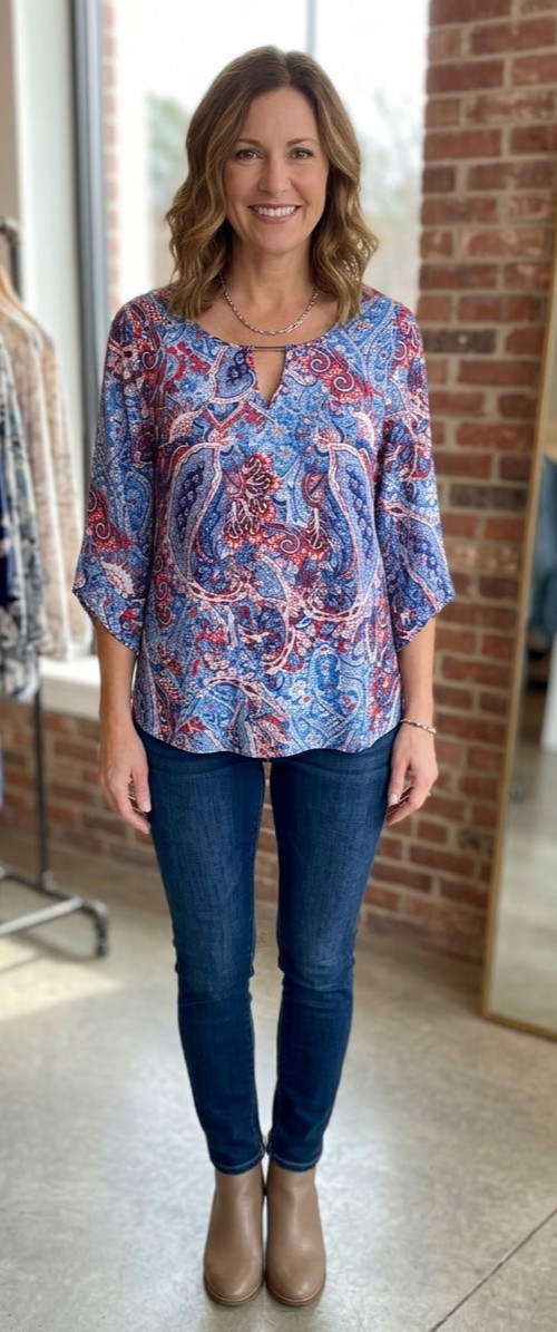 Ruby Rd. Red, White & Blue Woven Bar Turkish Indigo Multi Blouse Size L NWT