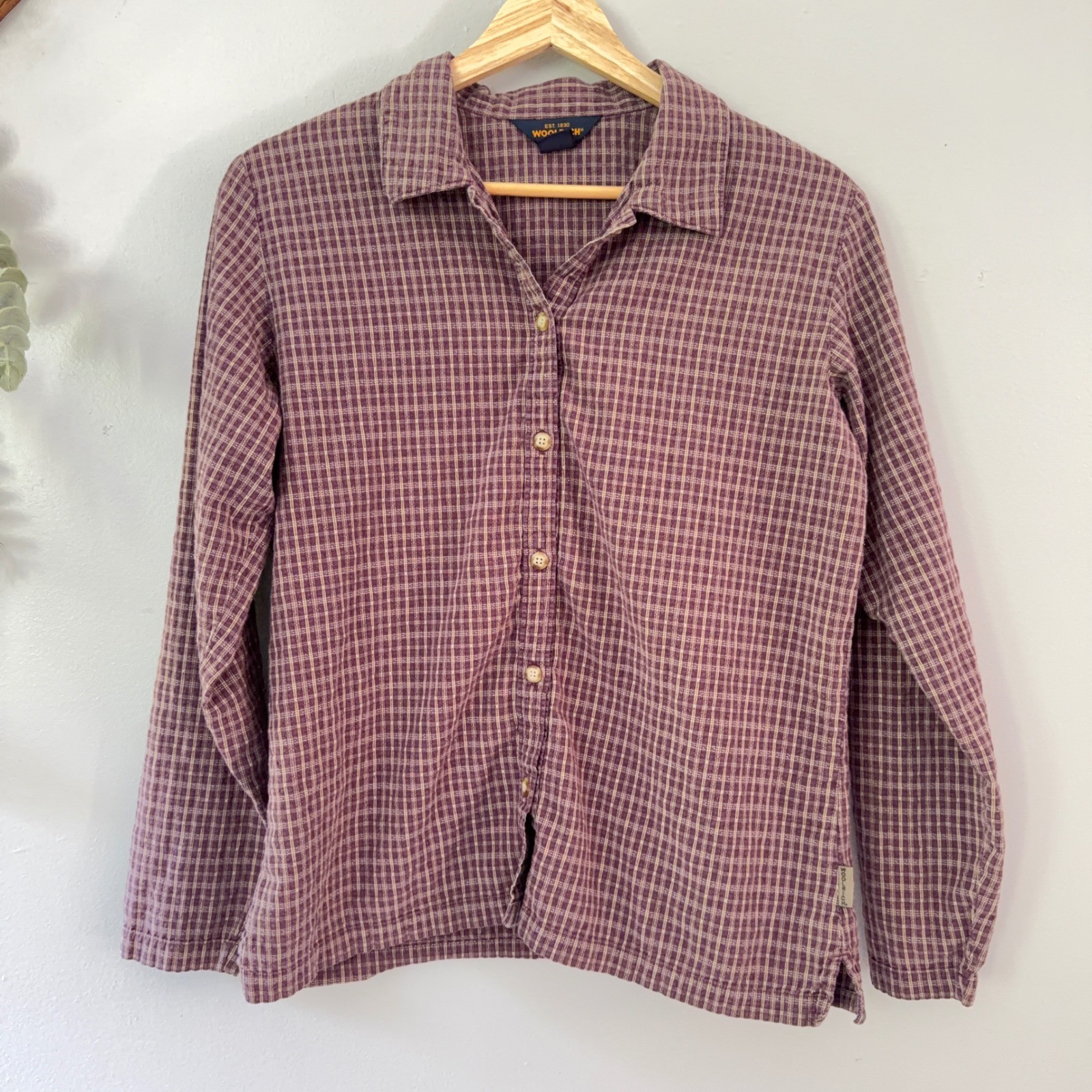 Woolrich Shirt Purple Plaid Gorpcore Granola 100% Cotton Long Sleeve Button Up