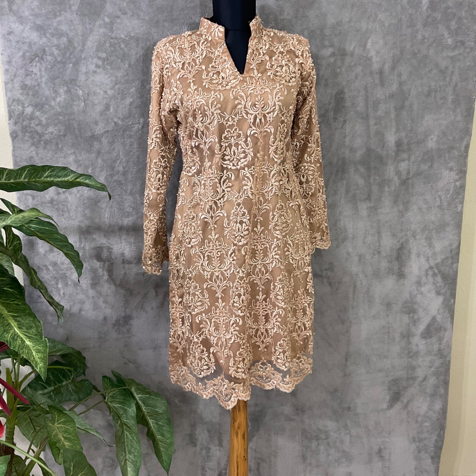 Vintage Ao Dai Long Top Embroidered seed pearls & sequin Side Slits home made.