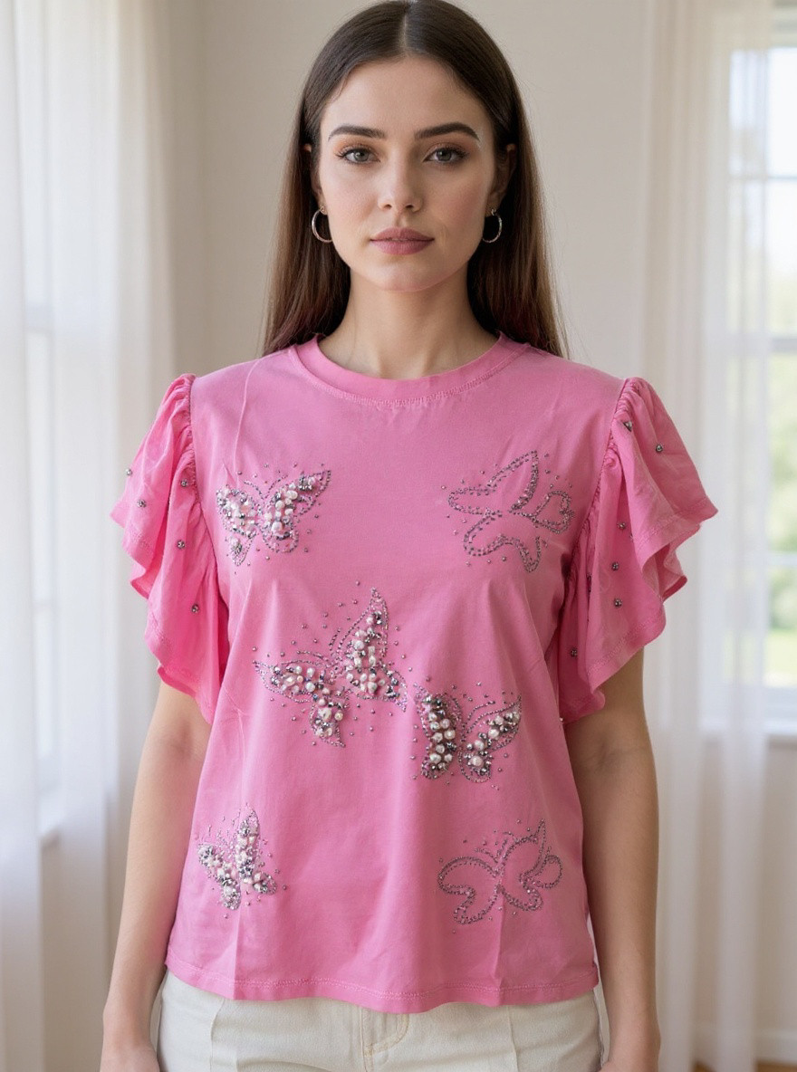 MiaoMiao Women Blouse Pink, Rhinestone Butterfly desing, s,m,l round neck,