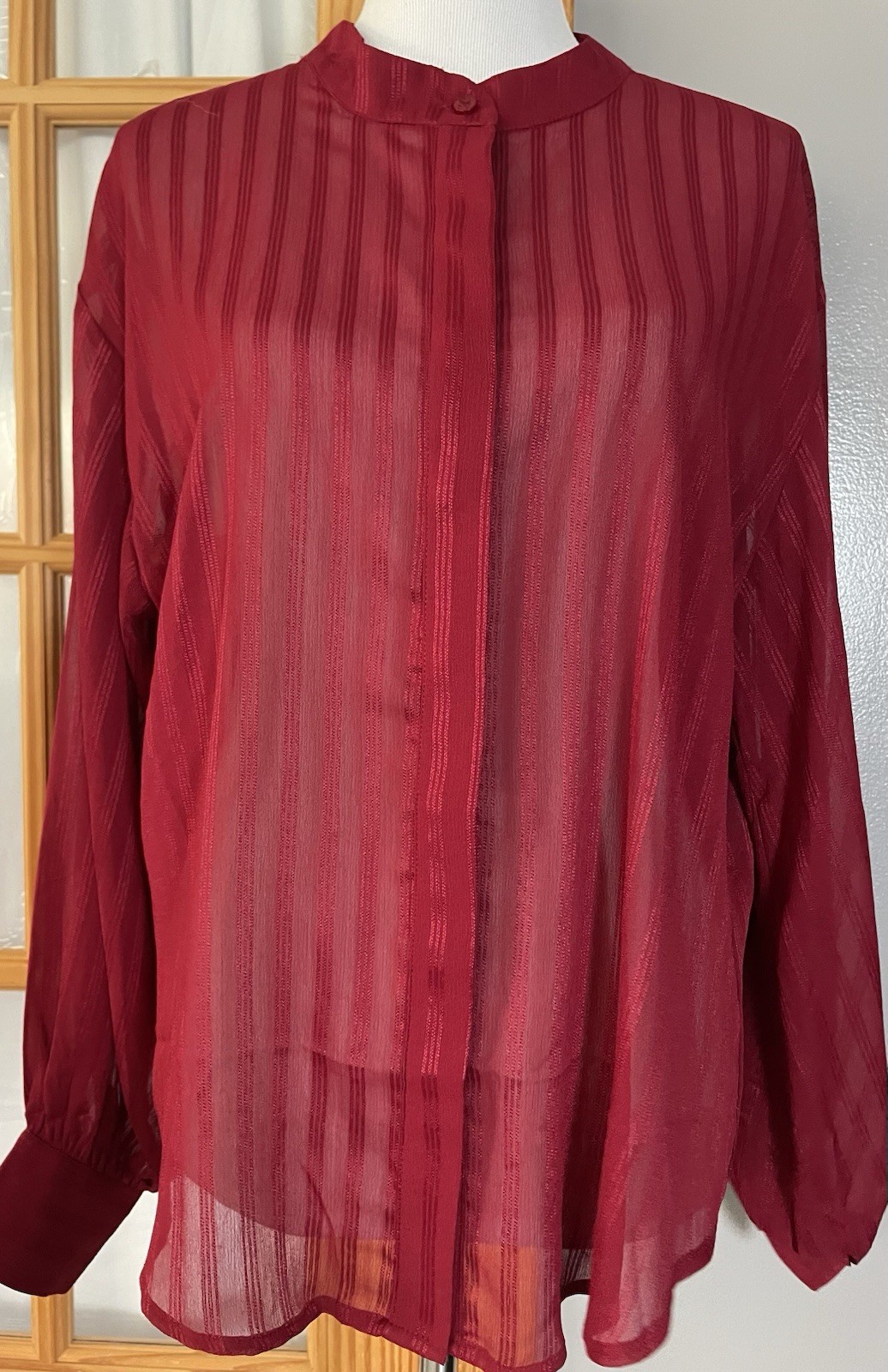 New York Company Button Up Blouse XL Red Striped Long Sleeve Career City Holiday