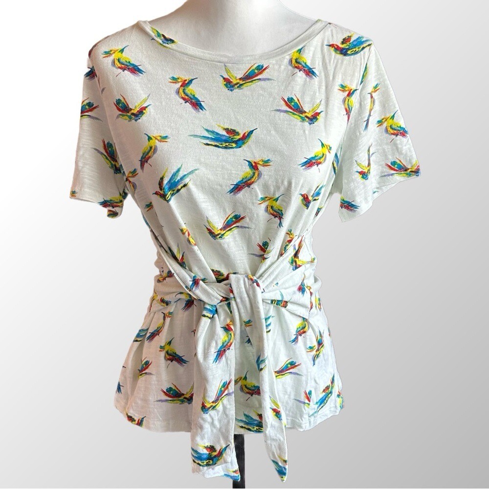 Meadow Rue Anthropologie NWT Hummingbird Tie Front Top Women Large White Multi