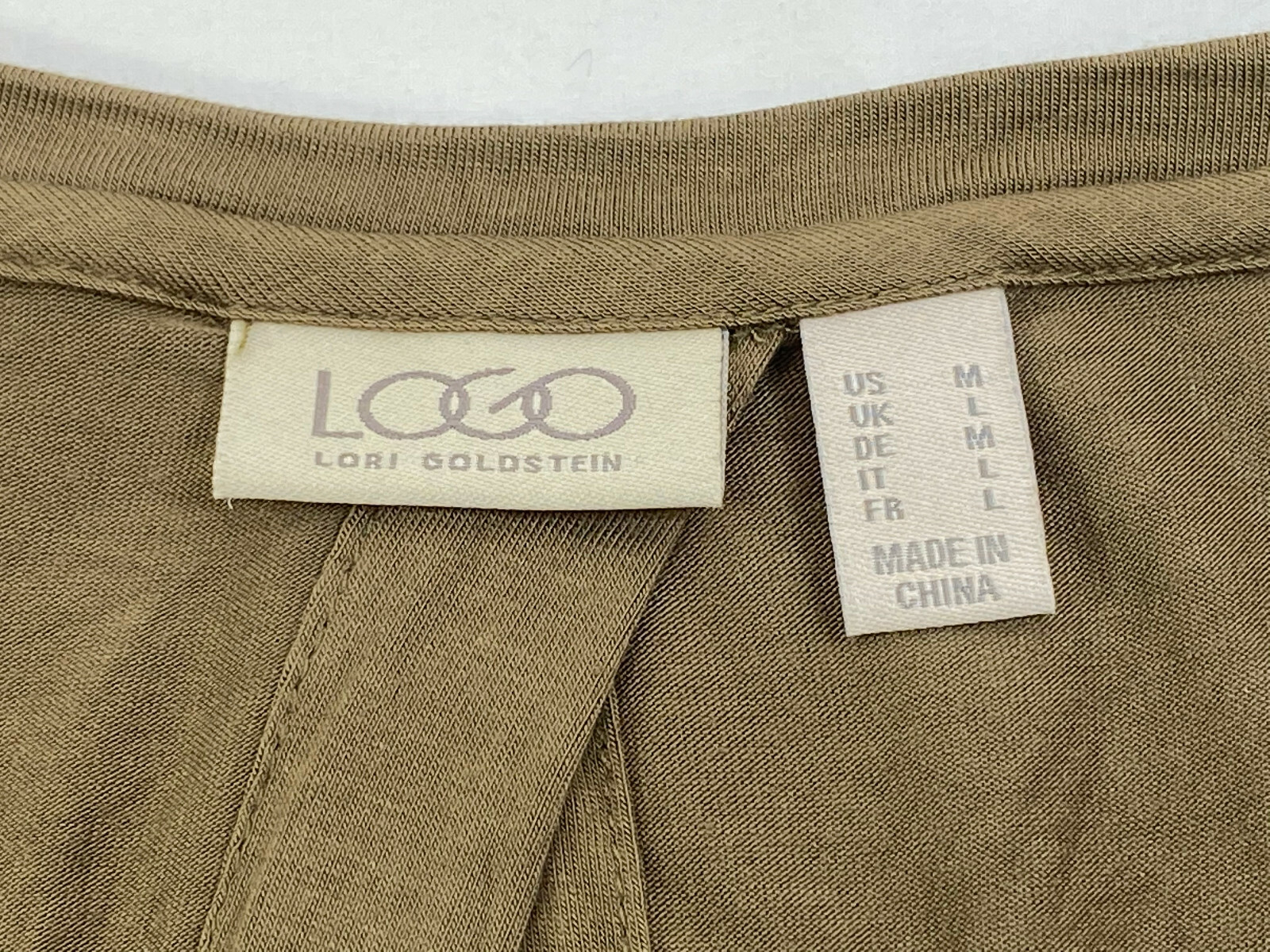 LOGO Lori Goldstein Size M Pretty Brown Open Back Top 6.5″ Lace Hem 3/4 Sleeve