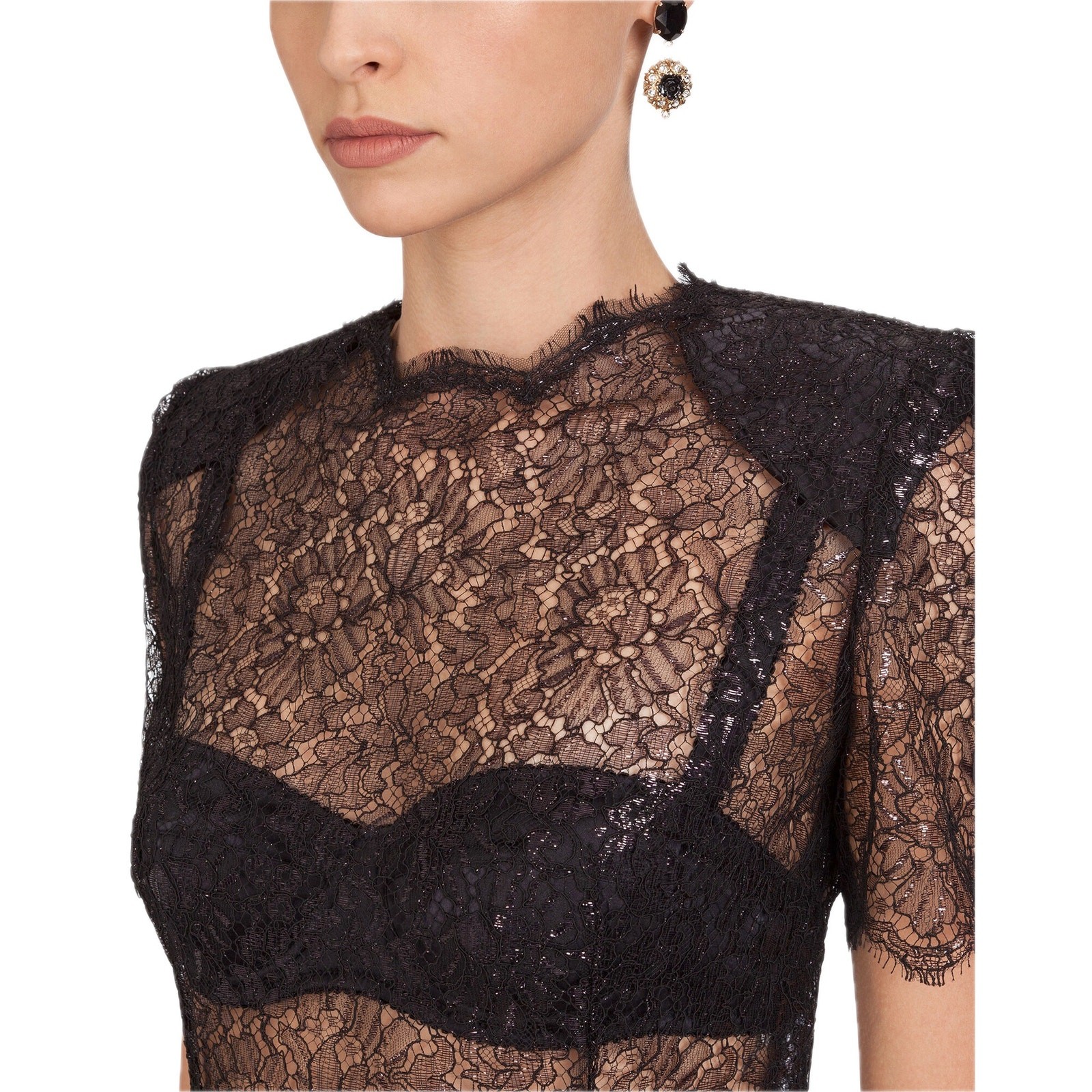 NWT Dolce & Gabbana Black Short sleeve Lame Lace Top Blouse IT 40 S