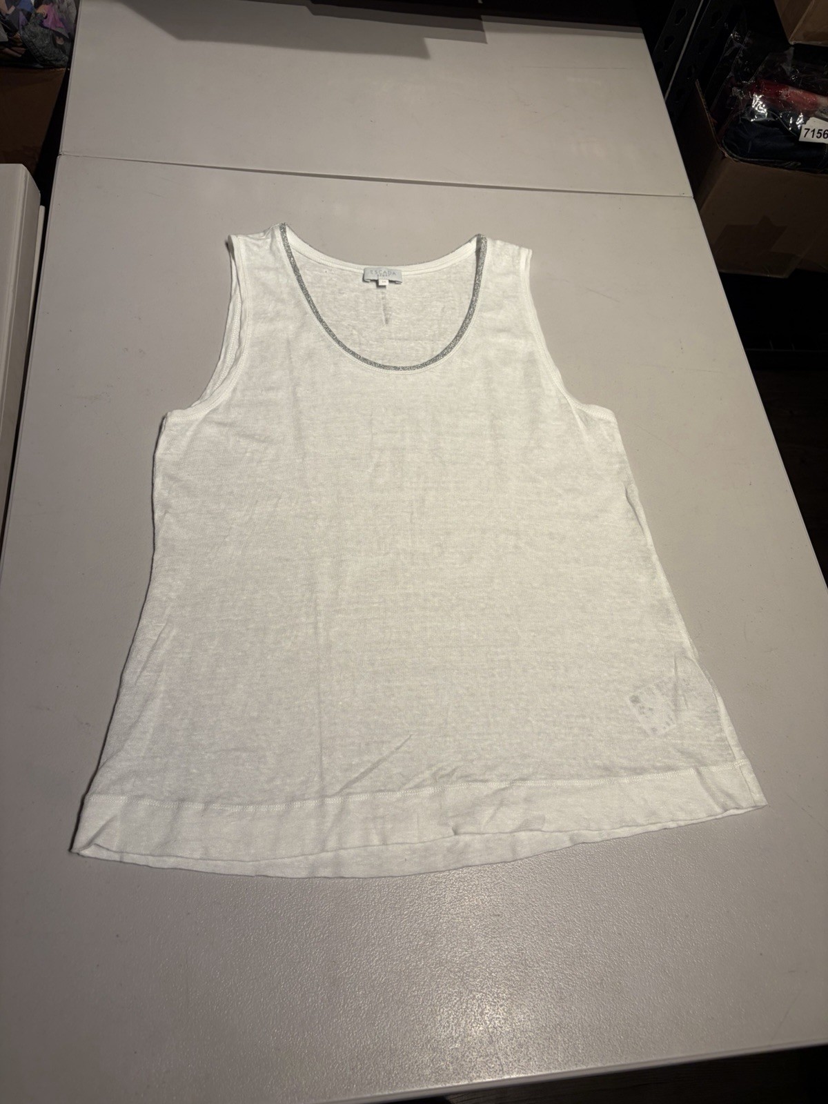 Escada Sport Shirt Women’s Medium White Silver Linen Tank Top Tee Boat Neck
