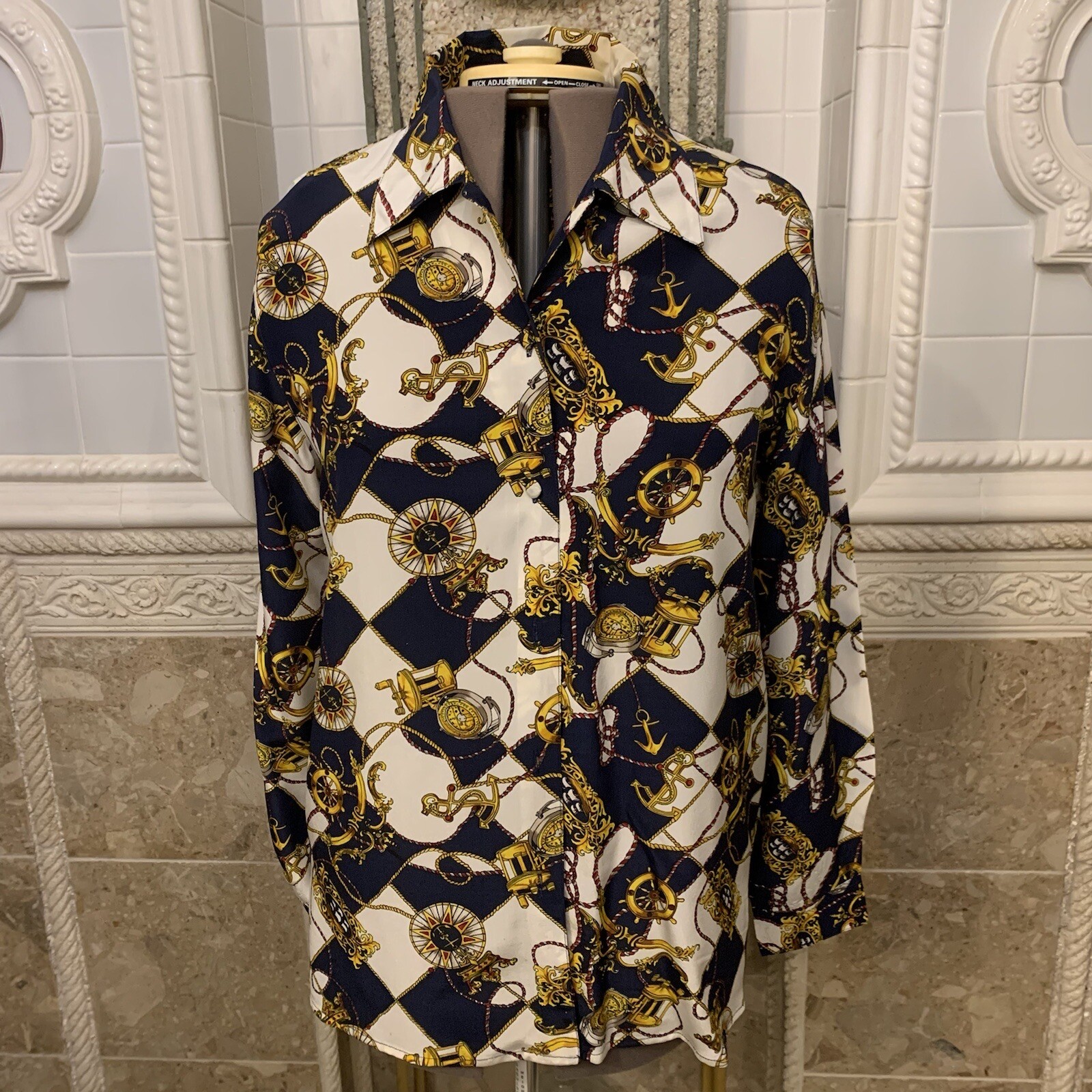 Vintage Quo Silk Nautical Shirt. Covered Buttons. Size M-XL. Dry Cleaned. WTC.