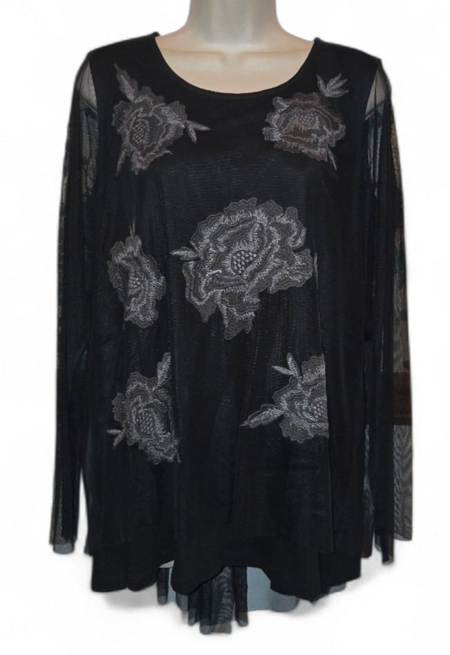 LOGO Lavish Black Embroidered Mesh Top Slub Knit Tank Size Large A286973