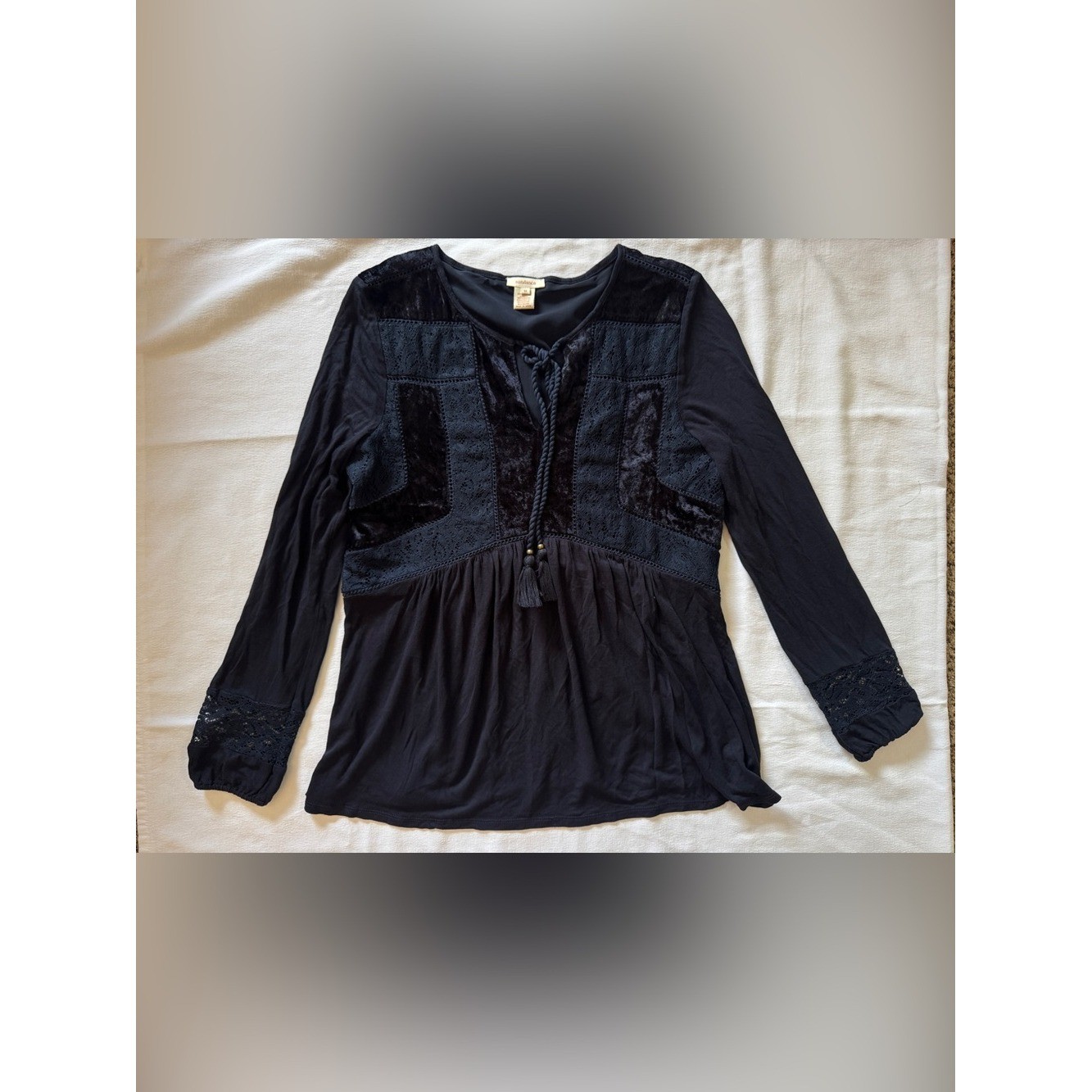 Sundance Velvet Lace Peasant Blouse Women’s Medium Navy Blue Tassel Tie