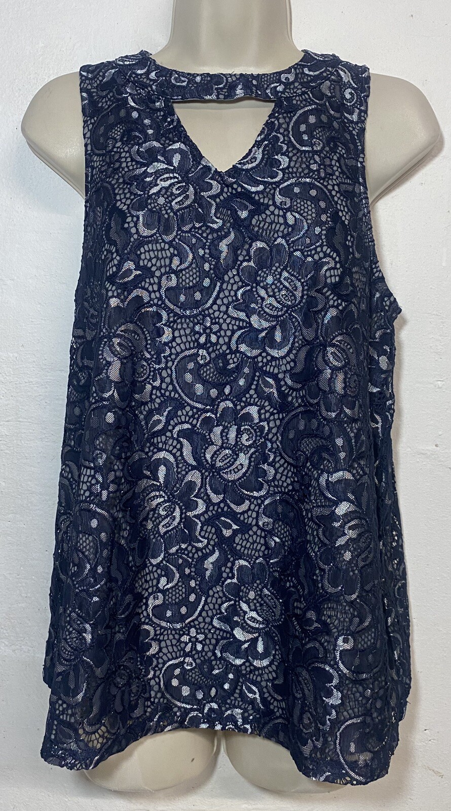 NWT Maurices Small Tank Top Dark Blue Lace Lined Cut Out Sleeveless Blouse