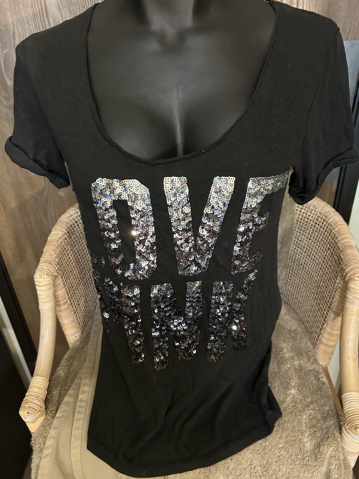 Victoria’s Secret Pink Black Short Sleeve Top M Sequined Front