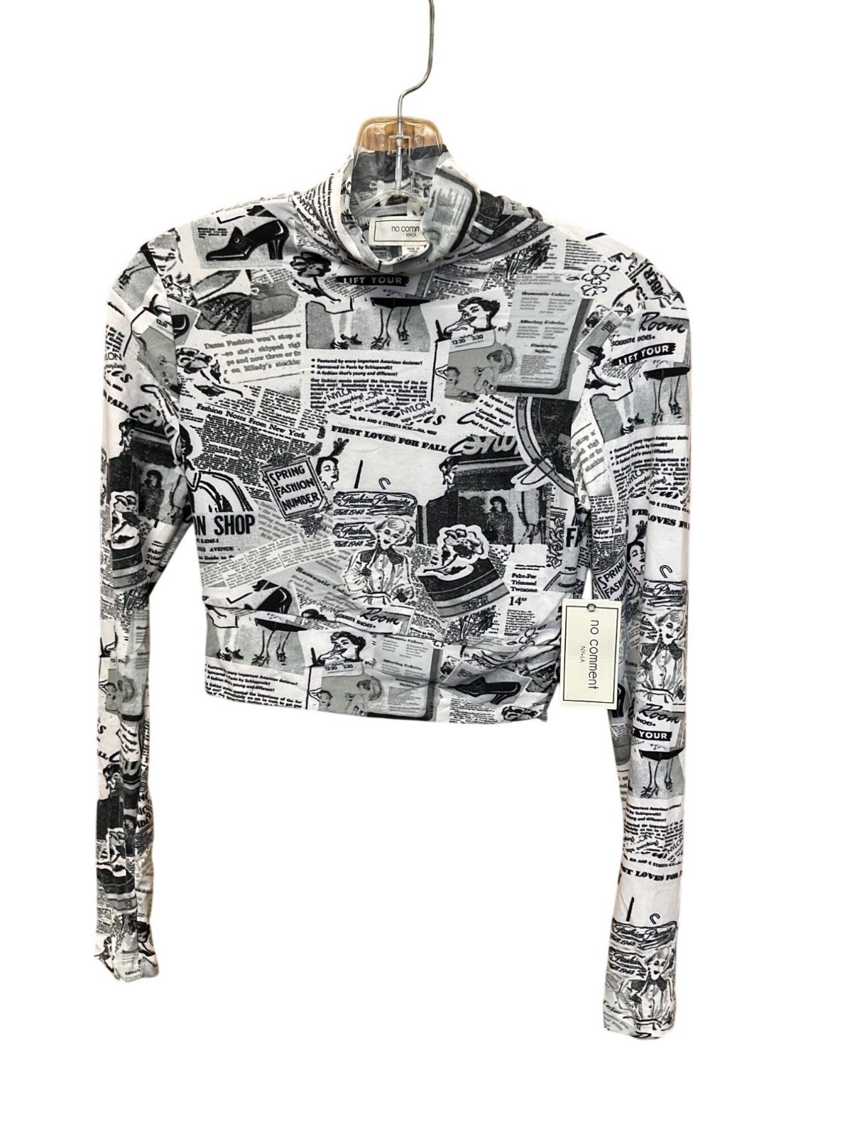 No Comment NY/LA Black & White Newspaper Print Long Sleeve Cropped Top S