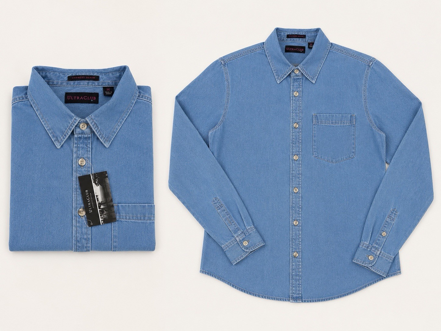 UltraClub Women Cypress Denim Blue Button-Up Shirt 2XL Long Sleeve Button-Down