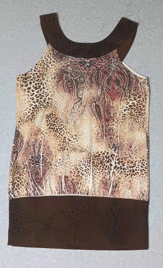 Studio Y Y2K Sleeveless Blouse Womens Size Medium Brown Leopard Print Paisley…