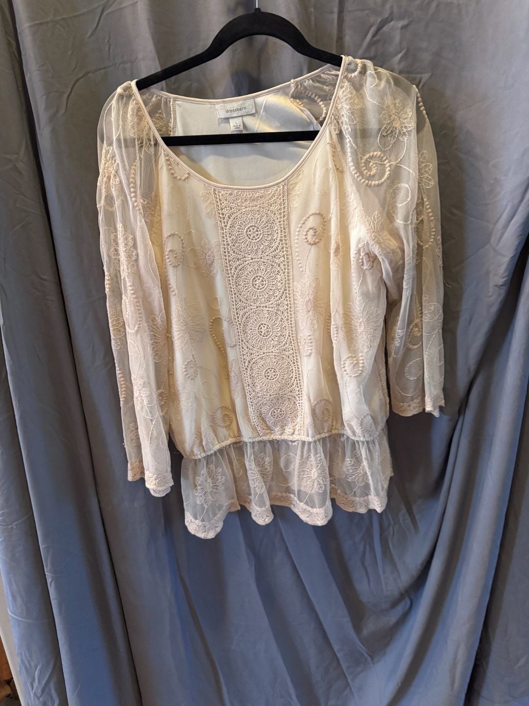 Dressbarn Ivory Embroidered Lace Peplum Blouse Size Large – Boho Lace Top
