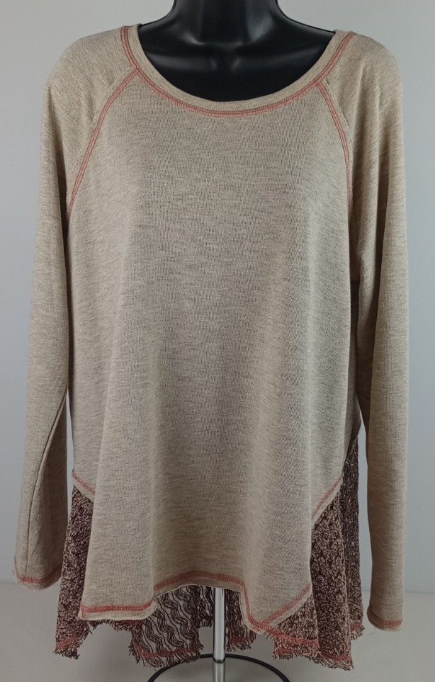 Oddy Women’s XL Brown Flared Lace Bottom Pullover Long Sleeve Shirt Girly