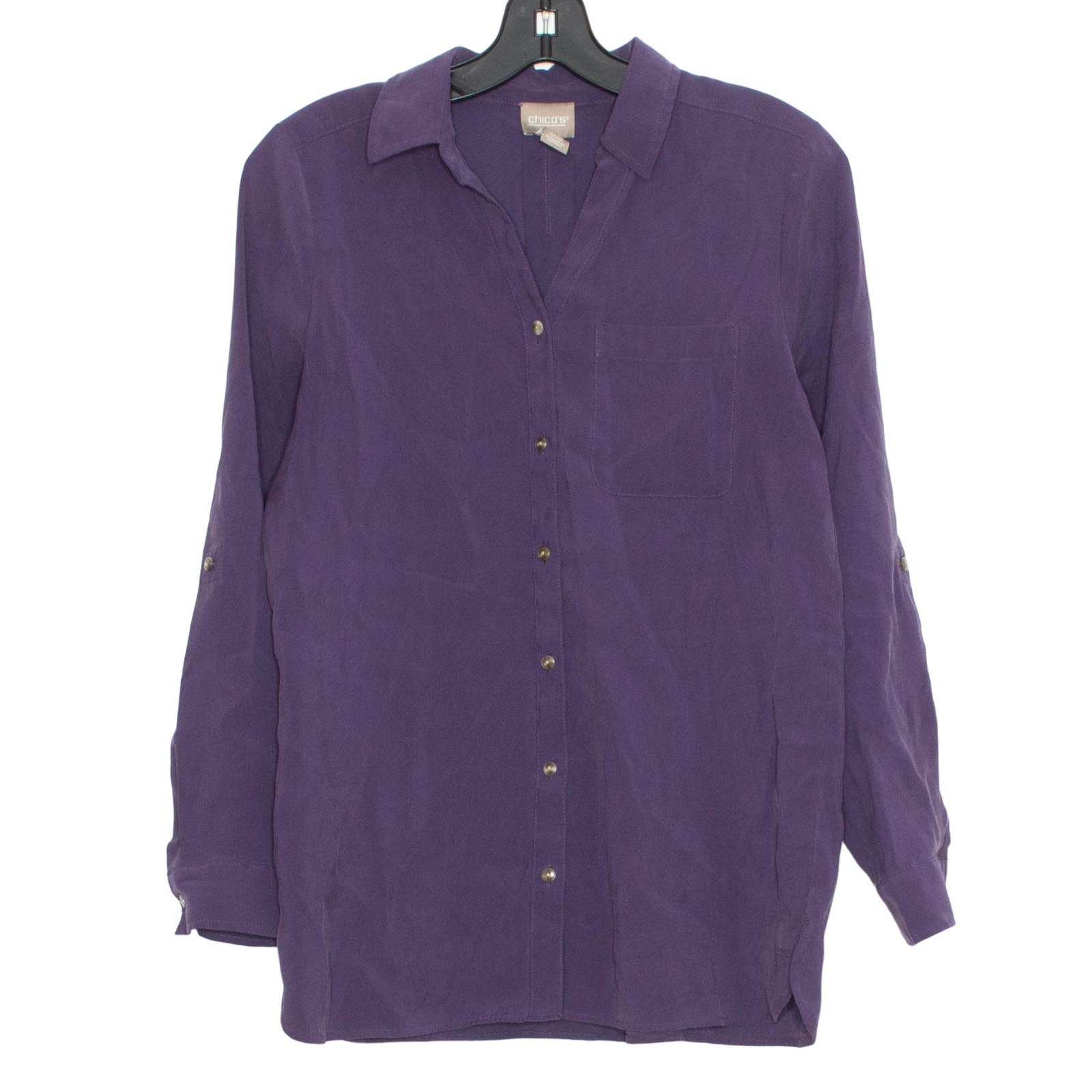 Chicos Tunic Top Frosted Twill Minimalist Classic Comfort Button Purple 0 Small