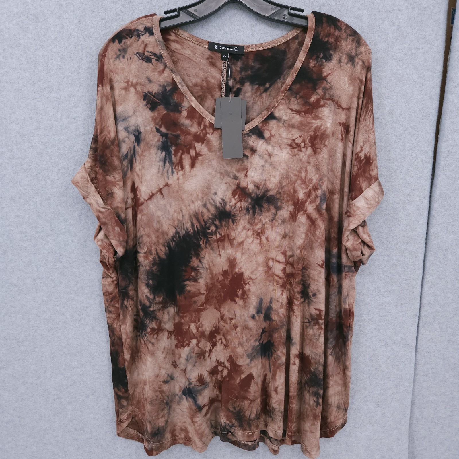 Coin1804 Tie Dye V Neck Rolled Short Sleeve Brown Top Womens Plus Size 2X NWT