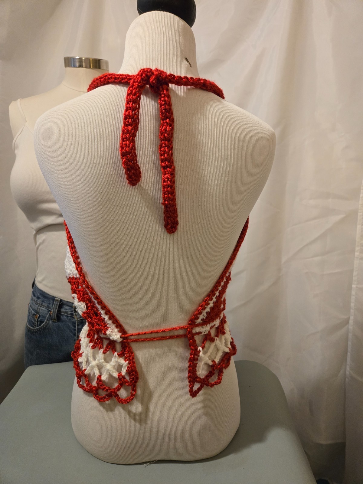 New Red White Blue Granny square Halter top Draw string tie Handmade Crocheted