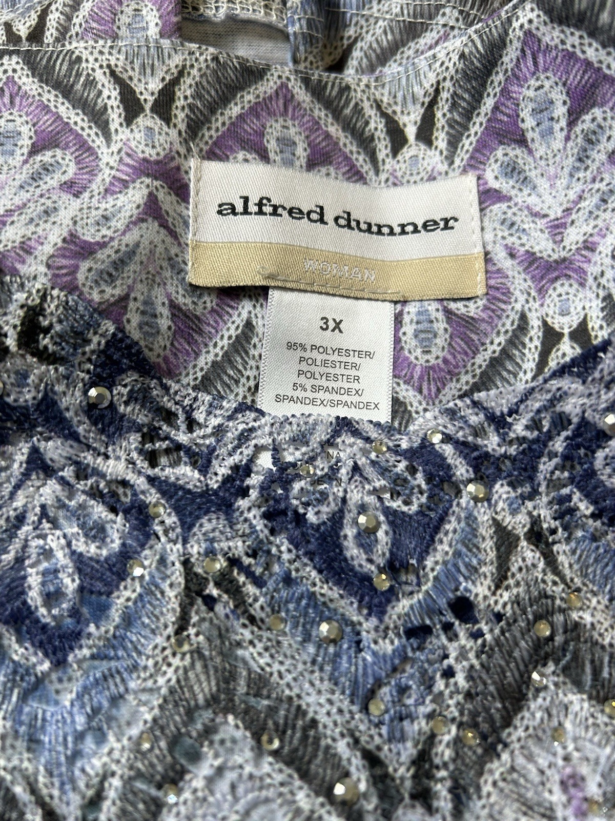 Alfred Dunner Purple Blue Gray White Three-Quarter Sleeve Blouse/Size 3X/NEW