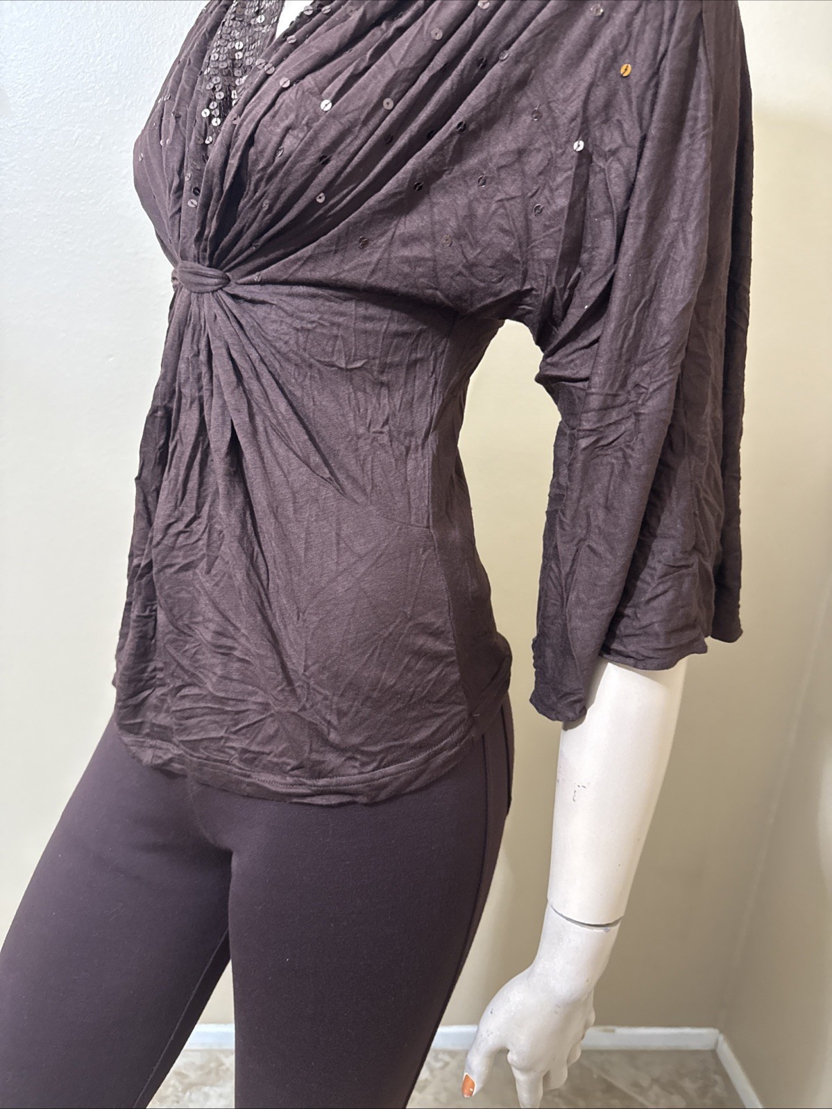 Women’s Brown Rayon Casual Pleated Stretch Beaded Bundle Size L Blouse Top