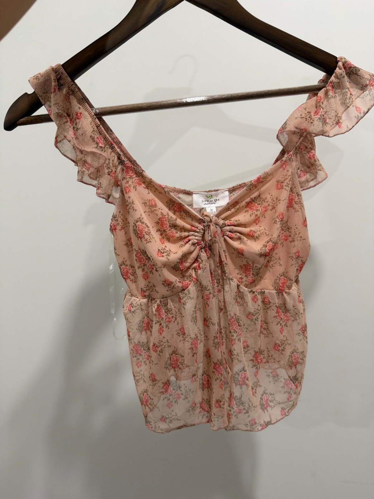 Live in the Moment Floral Mesh Top Ruffle Shoulder, Blouse – Tie Front – Size M