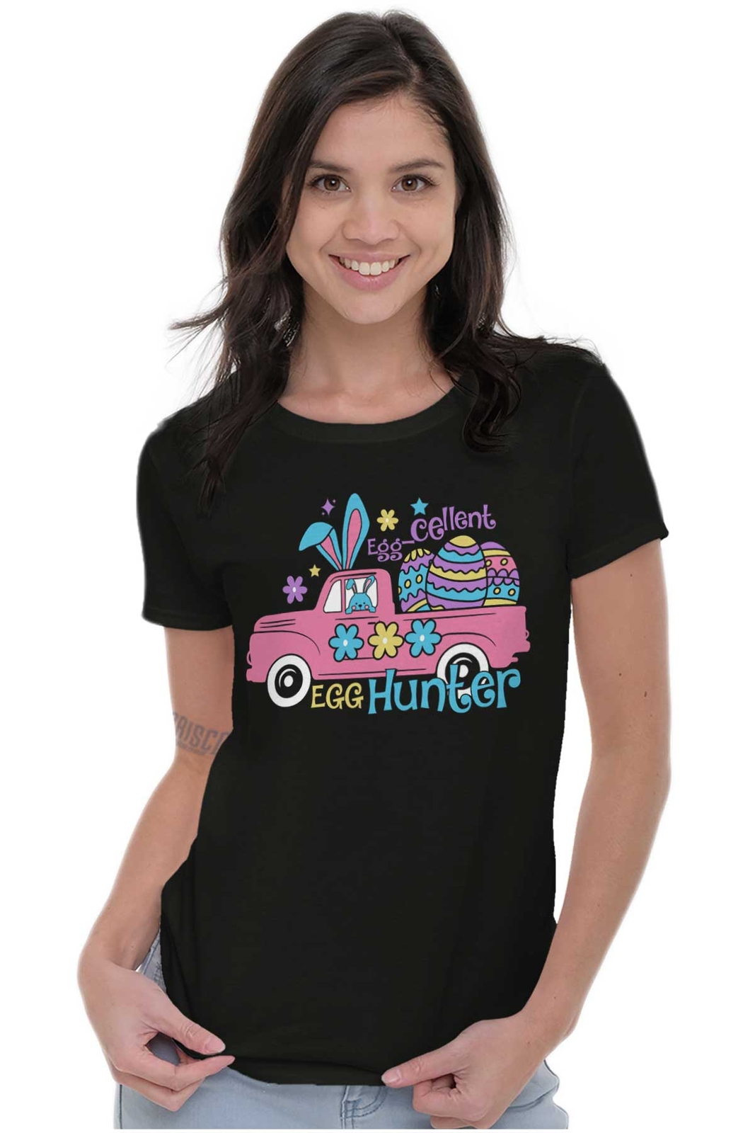Eggcellent Egg Hunter Easter Bunny Truck Graphic T Shirts for Women T-Shirts