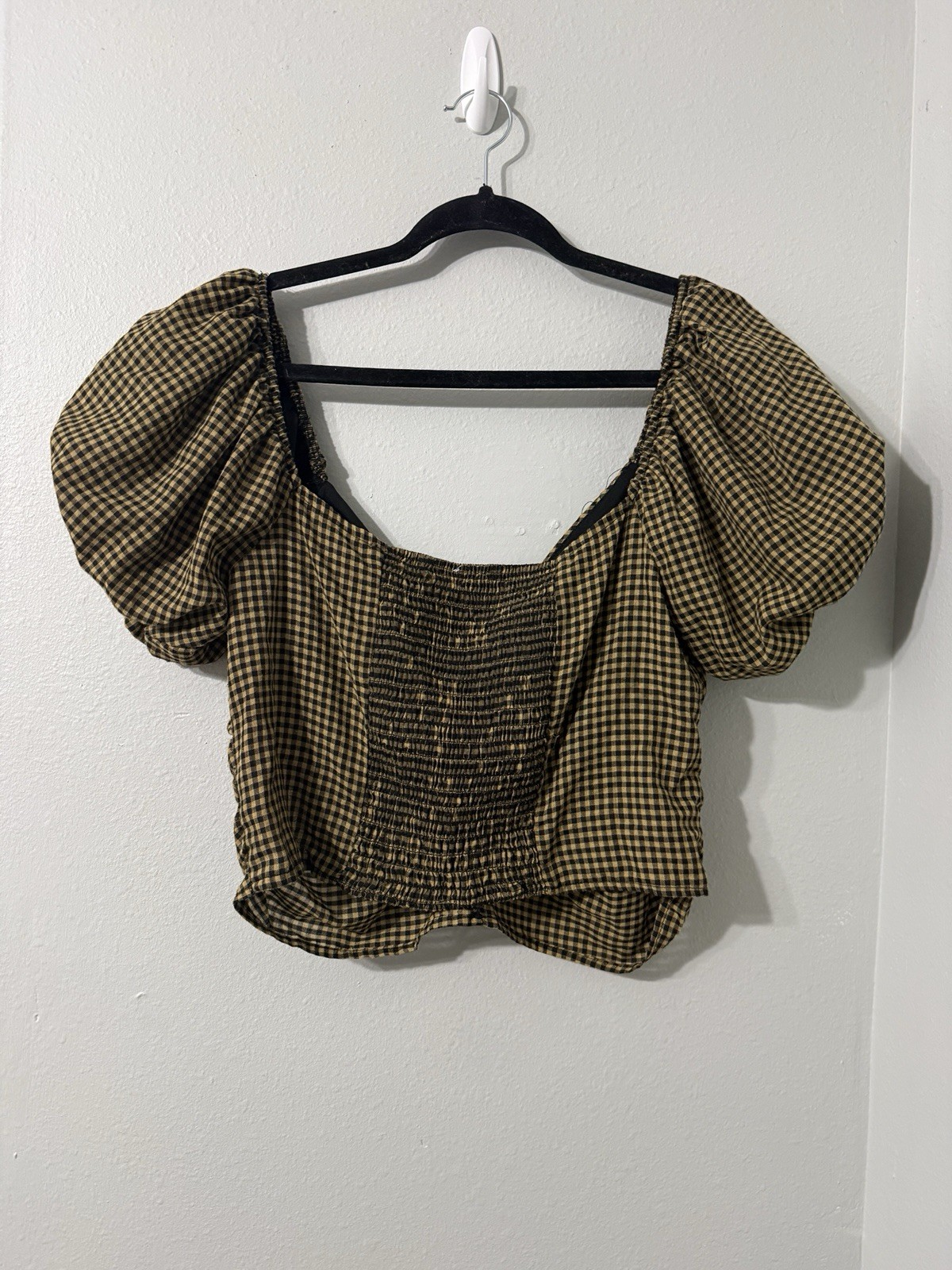 Rabbit Rose Puff Sleeve Knot Front Cute Fall Gingham Top XL Black/Mustard