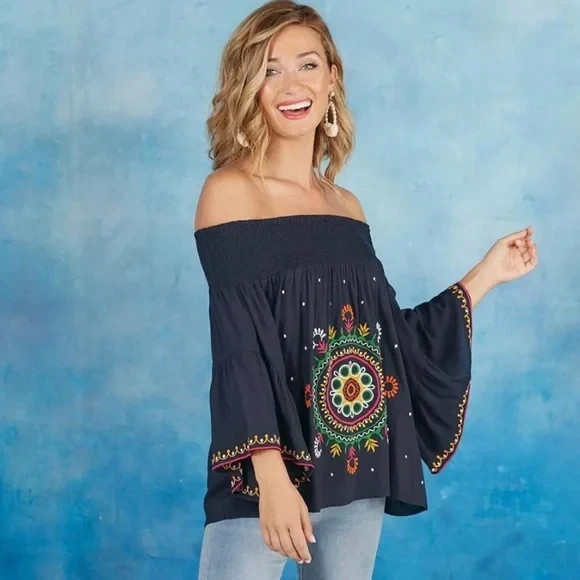 Mud Pie Womens Teddi Embroidered Off the Shoulder Boho Top Navy Blue Size Small