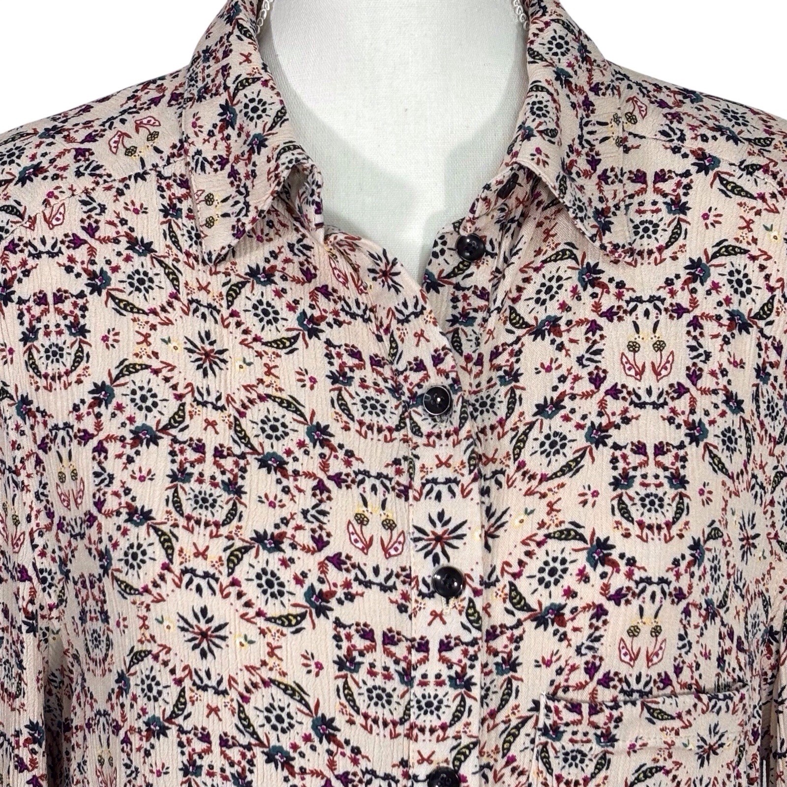 Natural Life Women’s Gauzy Button Boho Shirt Beige Small Ditzy Floral Roll Tab