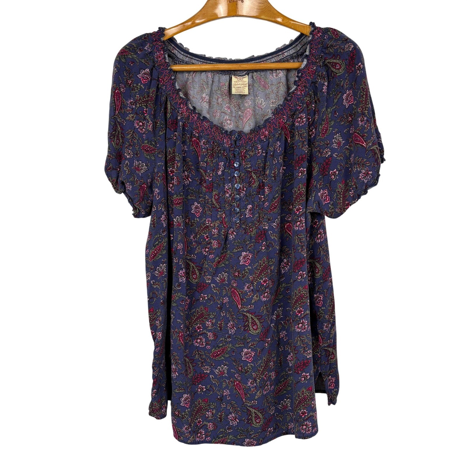 Faded Glory 2X Paisley Floral Peasant Top Peri Night Blue Boho Cottagecore Rayon