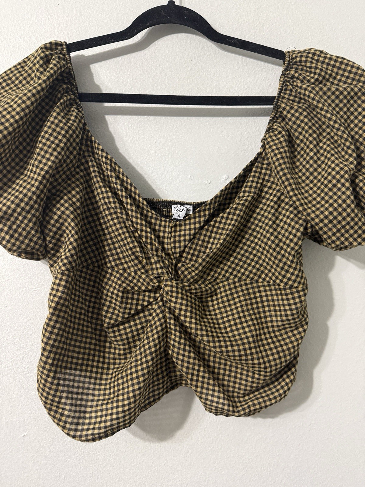 Rabbit Rose Puff Sleeve Knot Front Cute Fall Gingham Top XL Black/Mustard