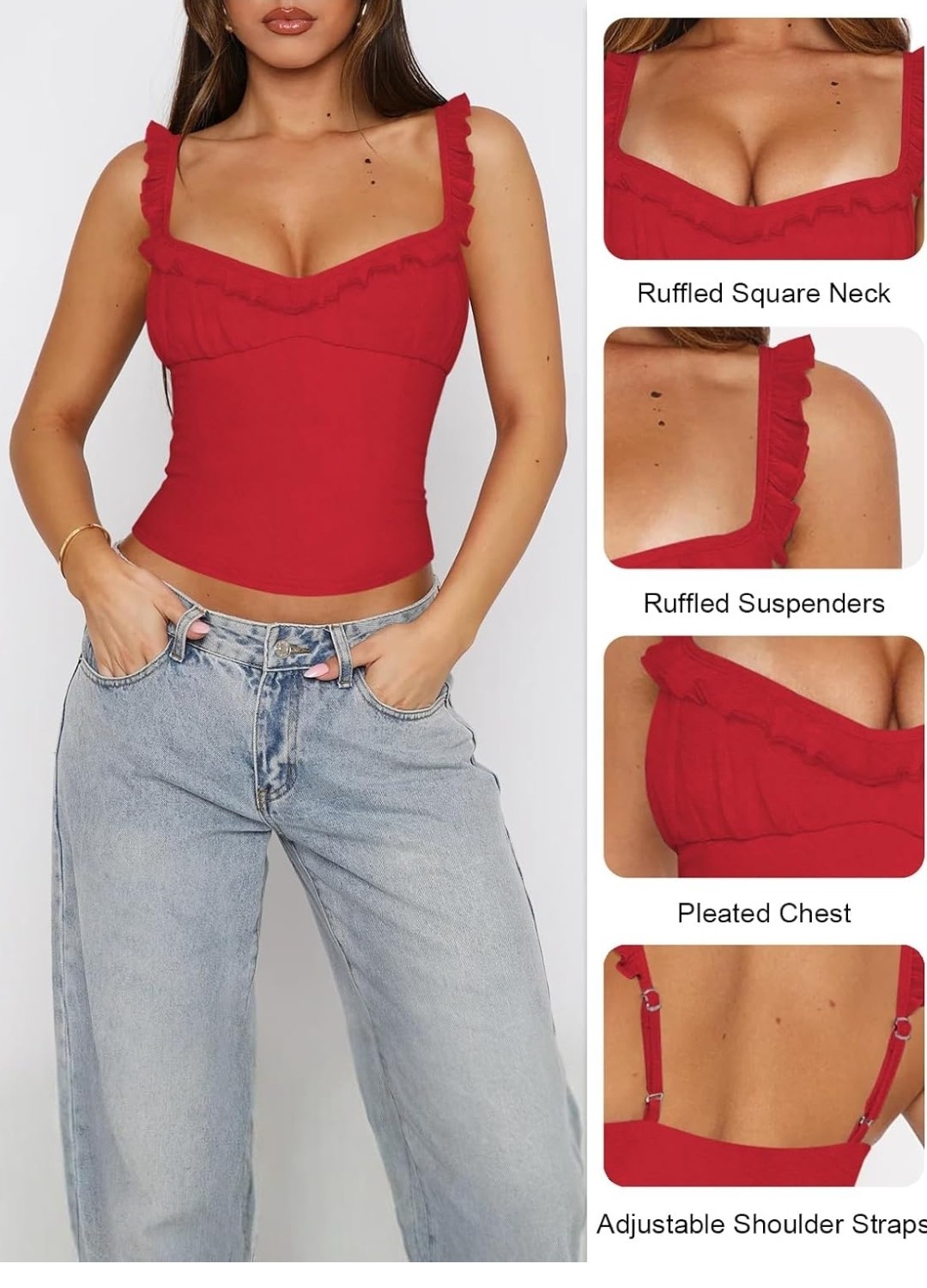 Solid Adjustable Spaghetti Strap Camisole Basic Ruffle collartank Top xs