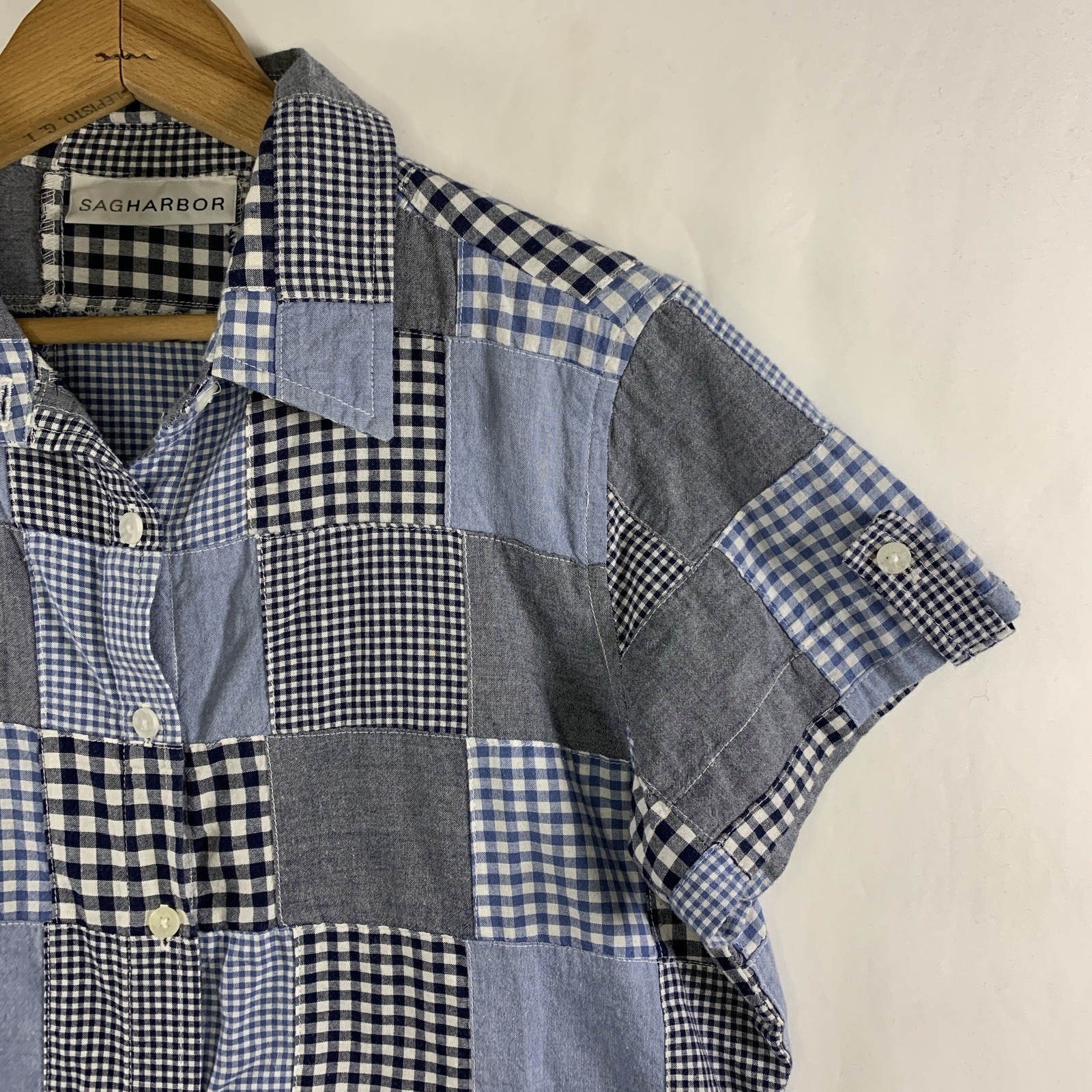 Womens Patchwork Plaid Short Sleeve Button Top Sz S Boxy Farm Cottage Americana