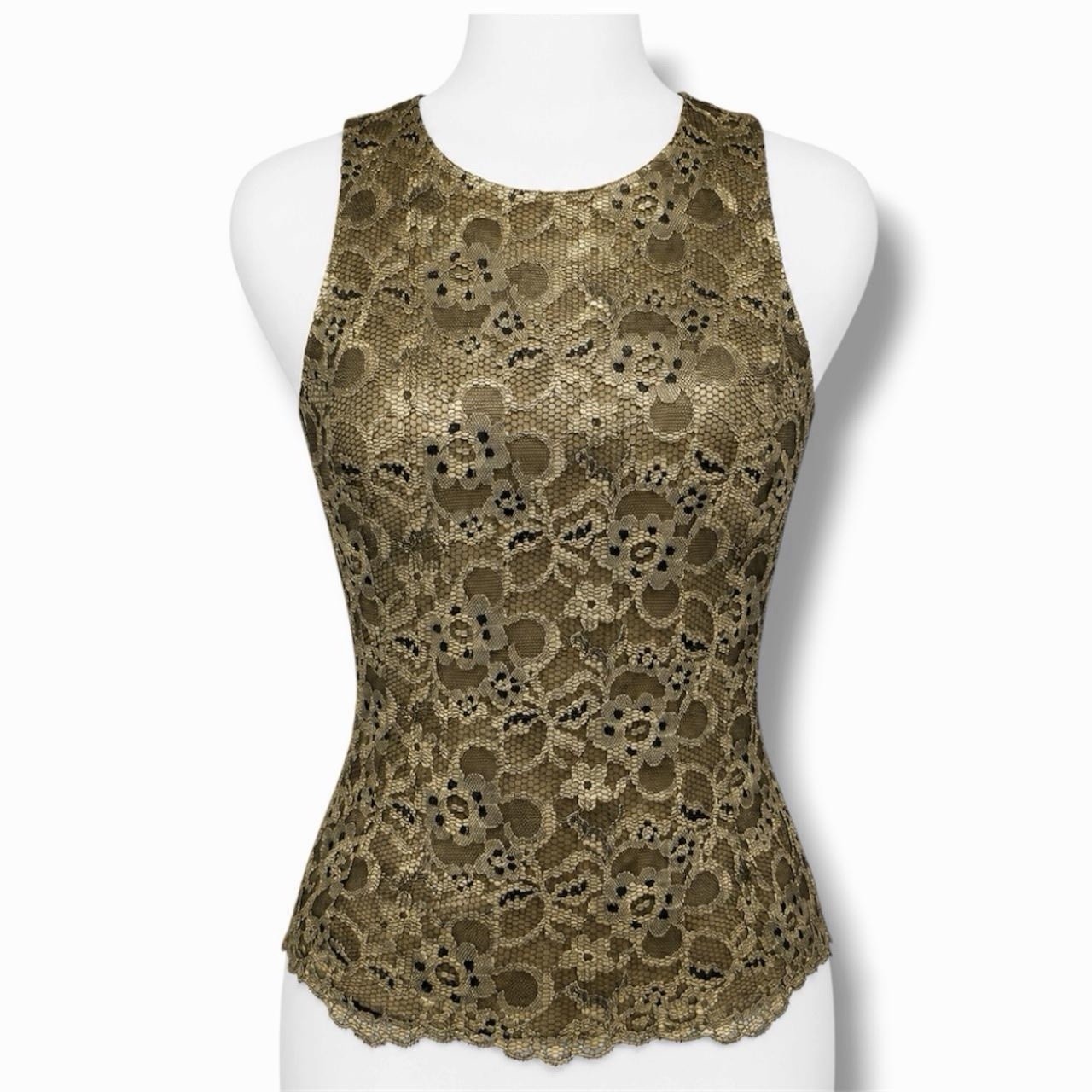 Bebe Y2K Gold Metallic Brocade Lace Racerback Top Womens Size M Sleeveless Club