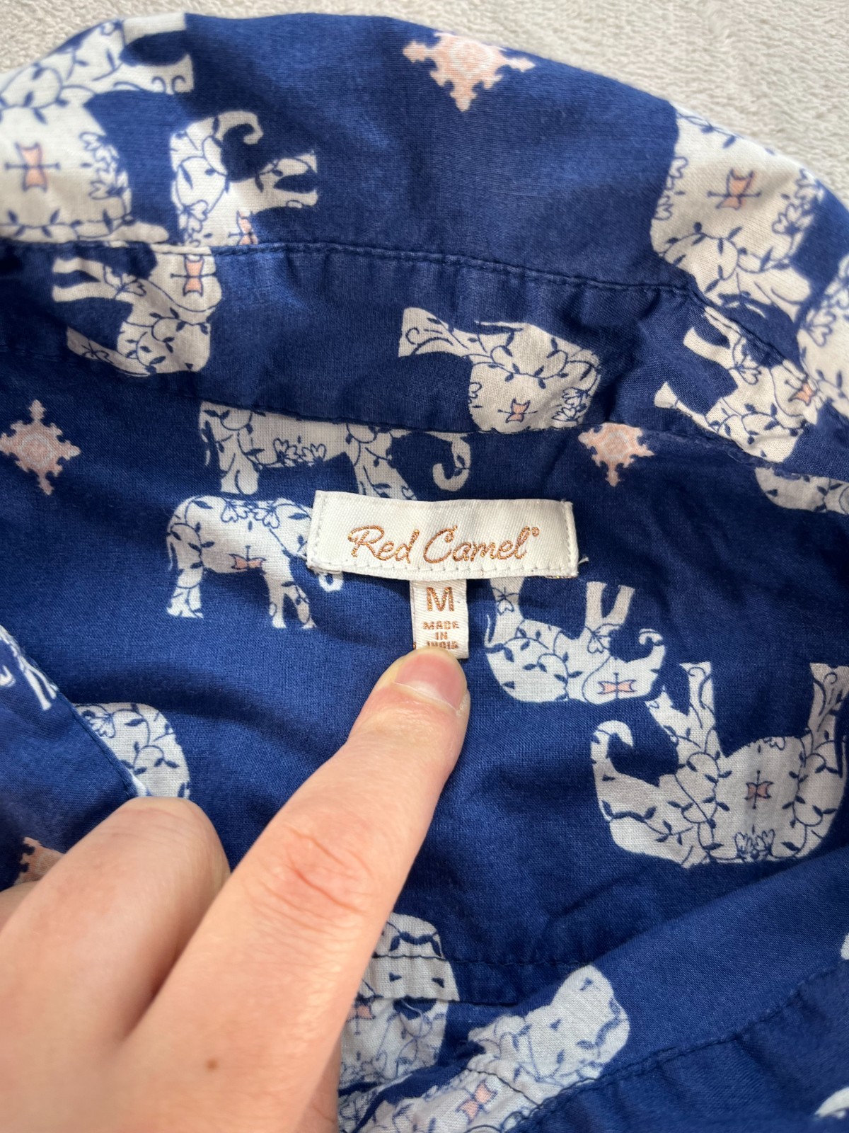 Red Camel Button Up Shirt Womens M Blue Elephant Print Long Sleeves Boho Novelty