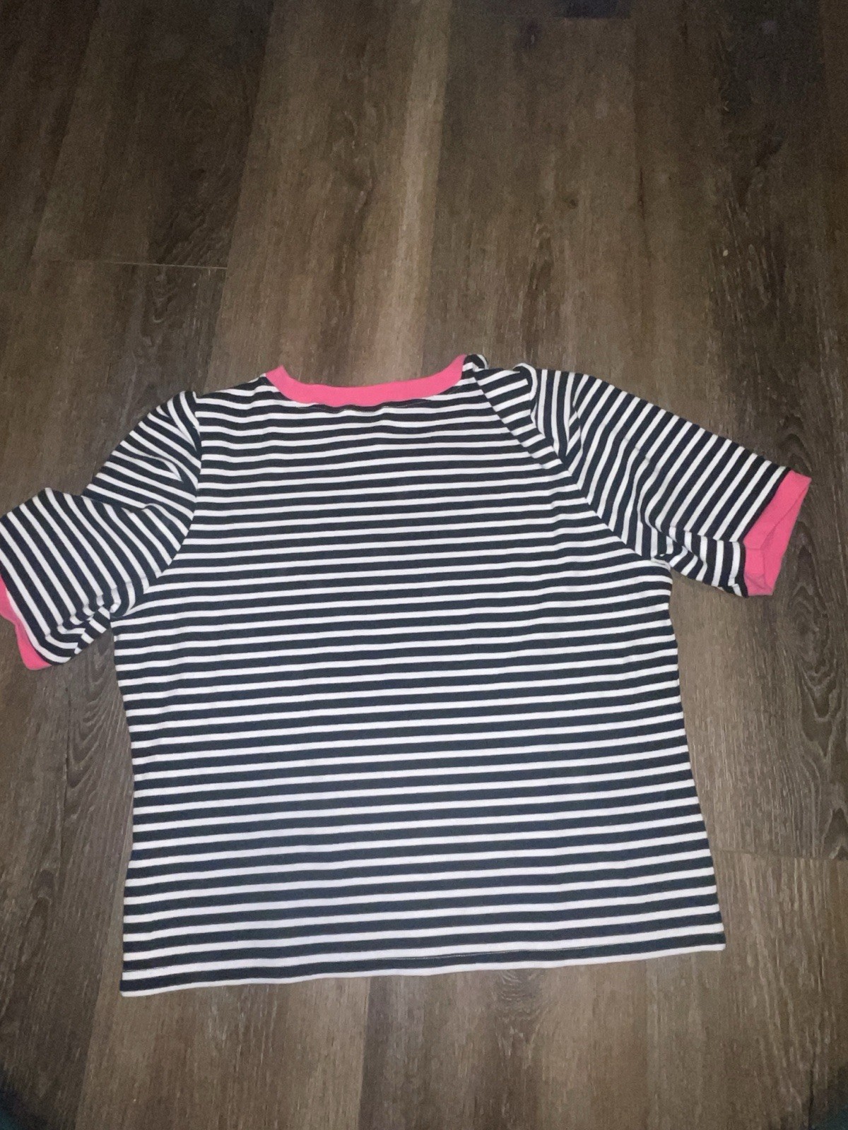 Rebecca Minkoff Black/White Striped Crew Neck Puff Sleeve Knit Tee Pink Trim