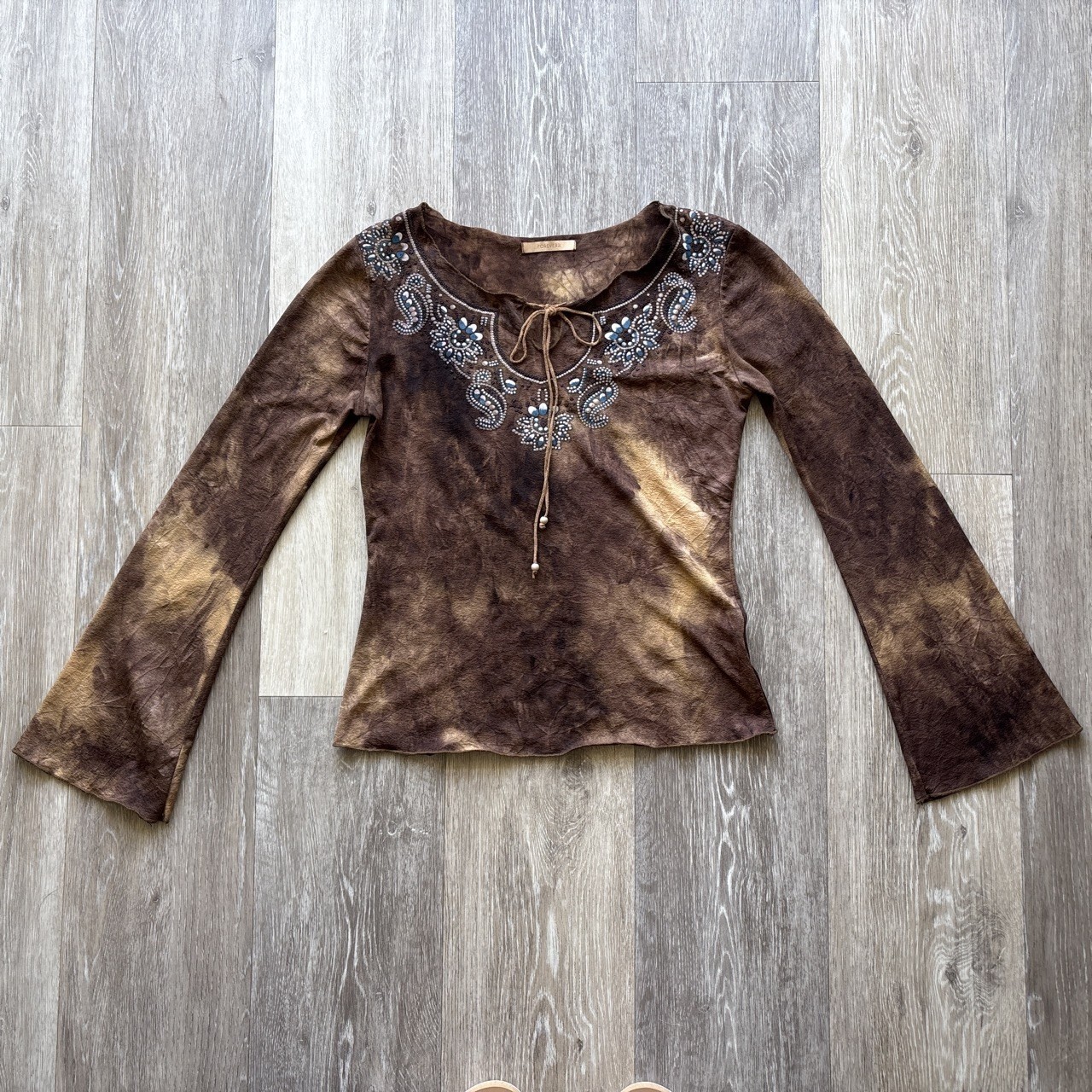 Vintage Forever 21 Boho Fairy Grunge Tie Dye Beaded Bell Sleeve Top Size XS