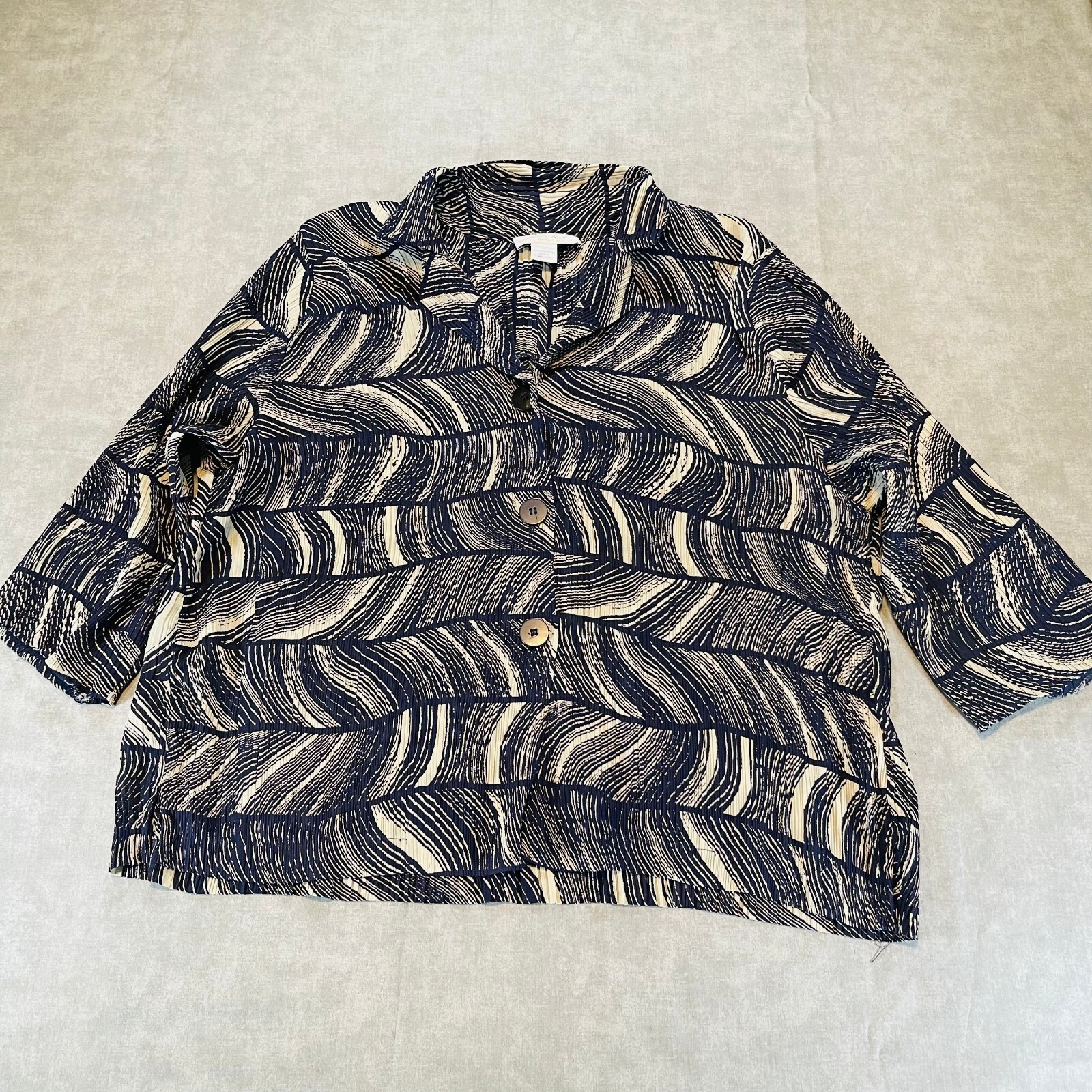 Judith Hart Pleated Navy Blue Abstract Button Up Blouse Plus Size 1X