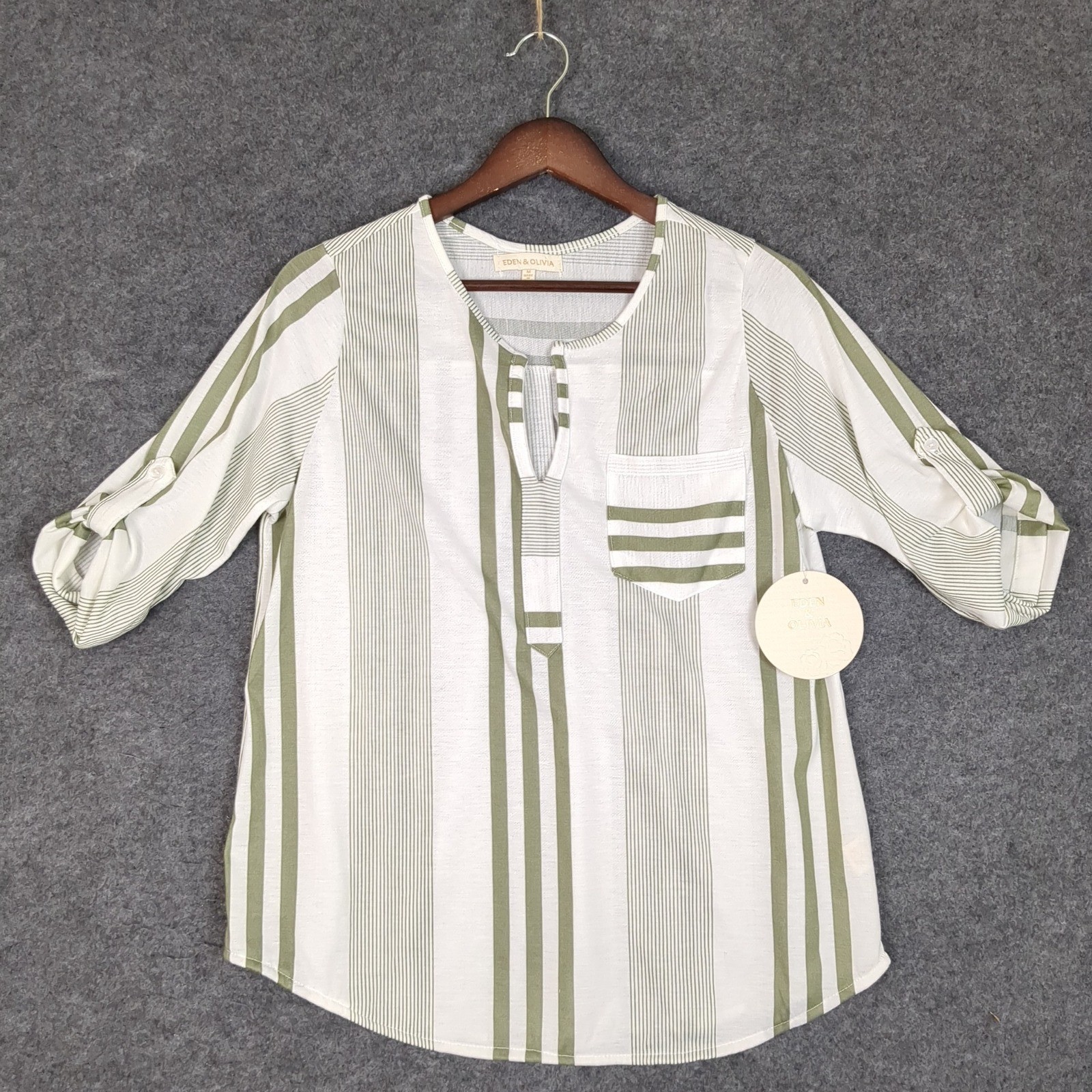 Eden & Olivia Ivory Olive Green Striped Split Neck Roll Tab Sleeve Tunic Top M