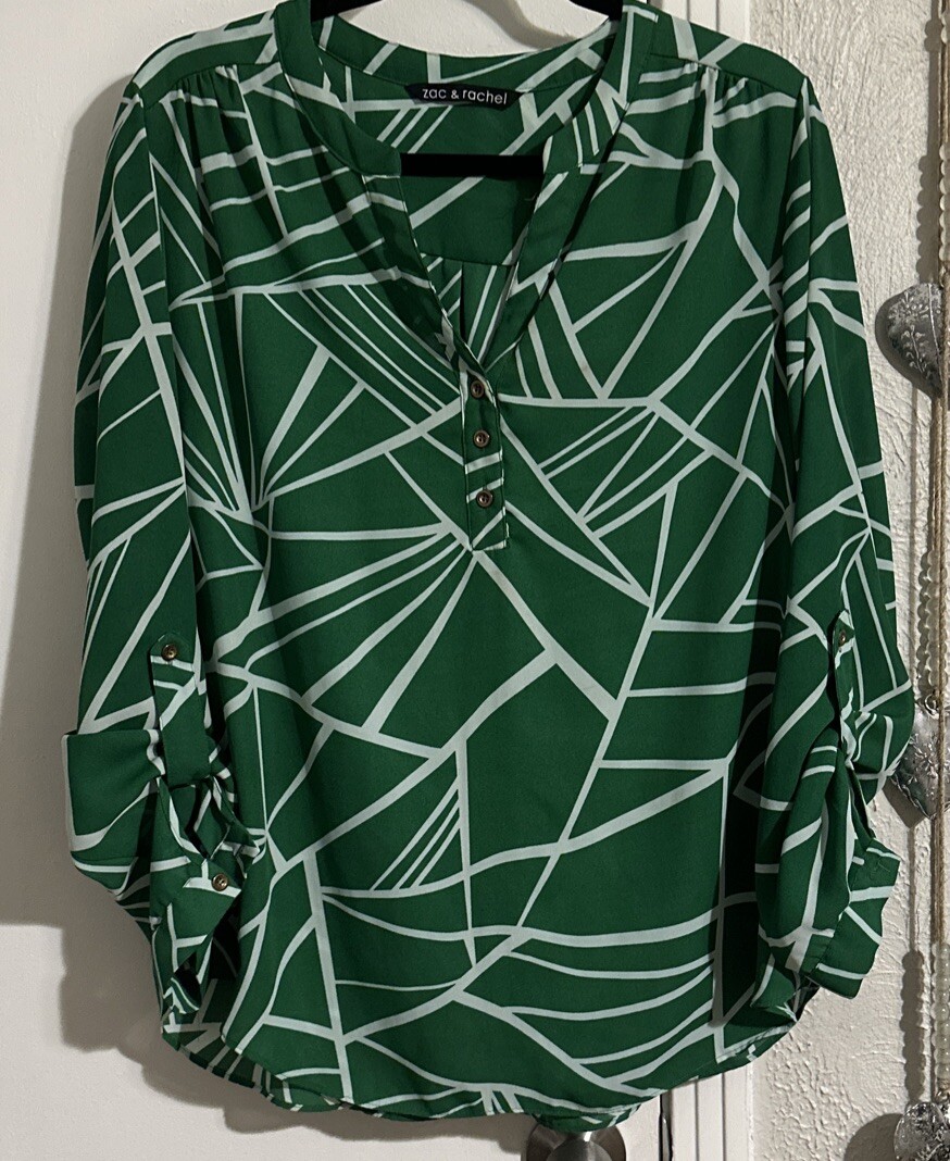 Zac & Rachel Green & White Long Sleeve Top Size Large Fall Winter Spring