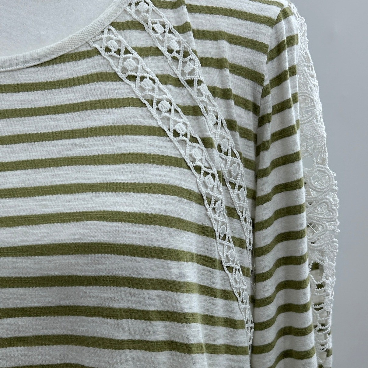Womens Olive Green White Striped Long Sleeve Top Lace Crochet Detail Crew Neck