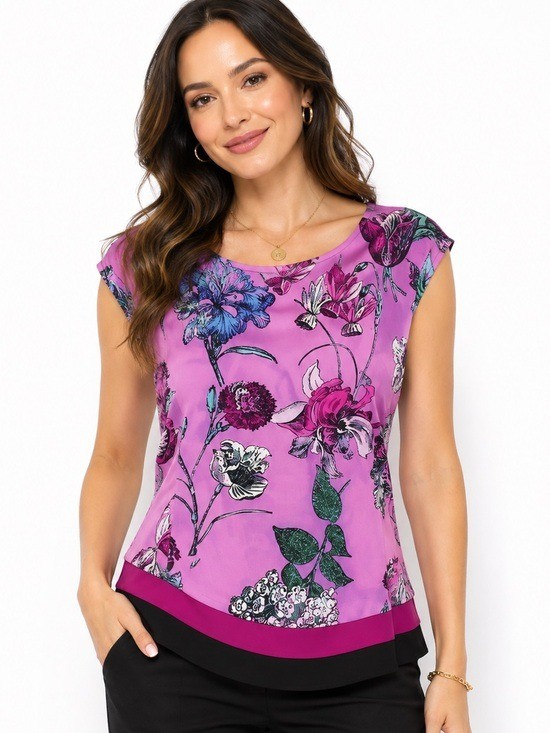 Y2K New York & Company Pink Floral Blouse Top XS Botanical Print Cap Sleeve chic