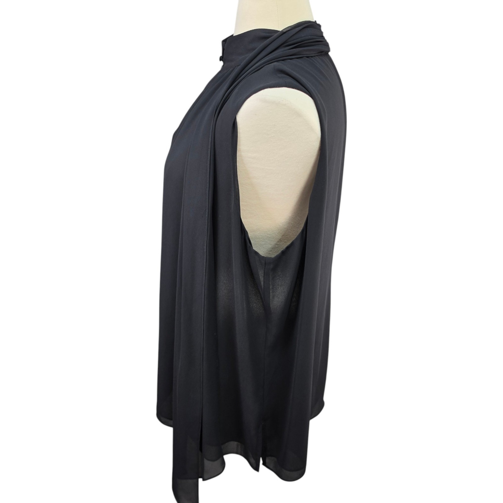 Vince Camuto Black Chiffon Sleeveless Tie Neck Blouse High Neck Career Dressy LG