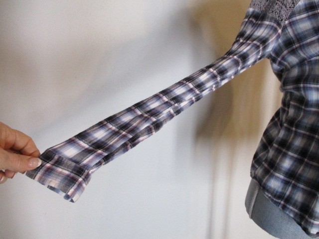 Free People FAB! Plaid Crochet Lace Insert Lower Peplum Shirt in Blue Plaid 2